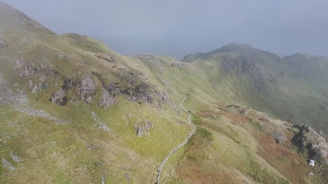 Pyg Track and Llyn Llydaw lake in clouds from a drone, Pen-y-Pass, mountain pass, Snowdonia, Gwynedd, north-west Wales, UK