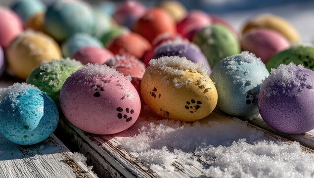 Snow-covered, pastel Easter eggs on rustic wood backdrop - Powered by Adobe