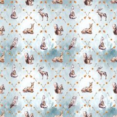 Watercolor Christmas seamless pattern with winter forest animals and festive treats. Features deer, fox, owl, squirrel, gingerbread cookies, dried oranges, and candy canes. 