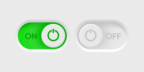 3d On and Off toggle switch icons. Switch toggle buttons ON OFF. Material design switch buttons set. Open and close ui icons. Active and Inactive icon. Stock Vector.