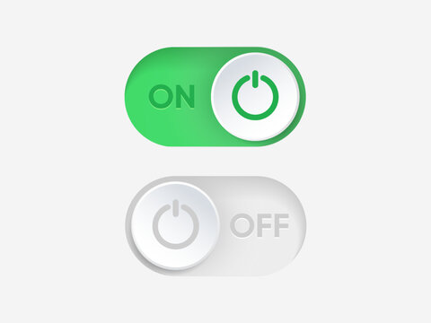 3d On and Off toggle switch icons. Switch toggle buttons ON OFF. Material design switch buttons set. Open and close ui icons. Active and Inactive icon. Stock Vector.