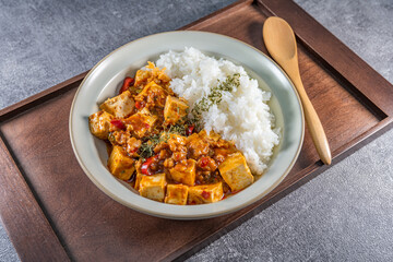 Mapo Tofu Rice Bowl (Mapo Doufu Fan), a popular and spicy Chinese dish from Sichuan province.