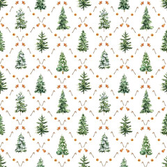 Watercolor seamless Christmas pattern with fir trees, gingerbread cookies, candy canes, and dried oranges. Perfect for holiday wrapping paper, textiles, wallpapers, and festive winter decor.