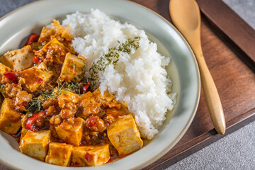 Mapo Tofu Rice Bowl (Mapo Doufu Fan), a popular and spicy Chinese dish from Sichuan province.