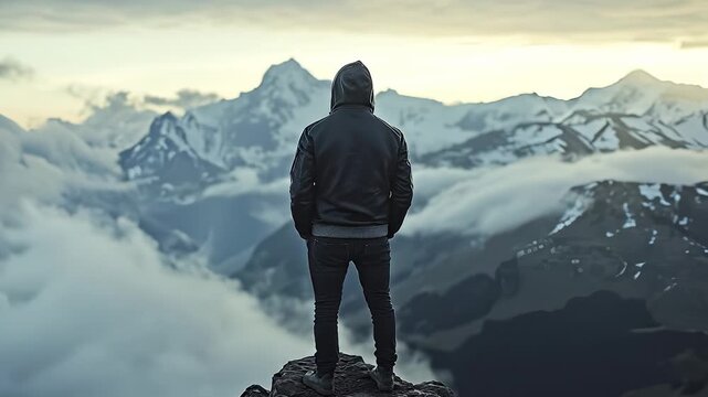 A man stands on a rocky peak, gazing at distant mountains and fluffy clouds. This man appreciates the breathtaking scenery while embracing the tranquility of nature's beauty.