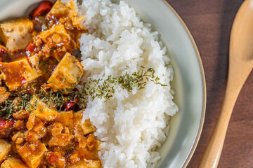 Mapo Tofu Rice Bowl (Mapo Doufu Fan), a popular and spicy Chinese dish from Sichuan province.