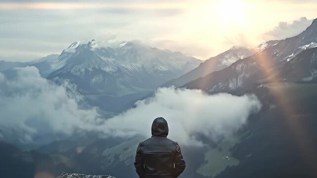 A man in a black hooded jacket stands on a rocky ledge, gazing at the misty mountains and clouds. The man feels the cool breeze while admiring the vast mountain landscape before hi