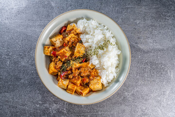 Mapo Tofu Rice Bowl (Mapo Doufu Fan), a popular and spicy Chinese dish from Sichuan province.