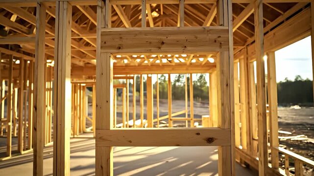 A wooden house frame is illuminated by sunlight, showcasing the structure's beams and roof design. The house frame represents progress in construction, surrounded by the natural la