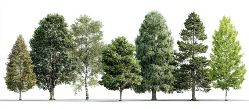 Array of diverse, leafy trees against a white background