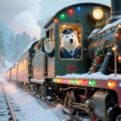 A charming polar bear joyfully waving from a vintage steam locomotive, beautifully adorned with festive Christmas decorations, all set against a backdrop of snowy railroad tracks