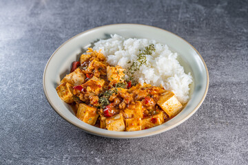 Mapo Tofu Rice Bowl (Mapo Doufu Fan), a popular and spicy Chinese dish from Sichuan province.
