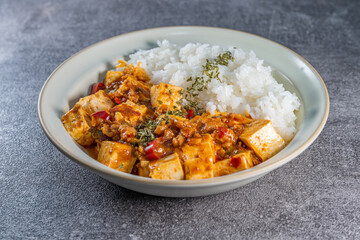 Mapo Tofu Rice Bowl (Mapo Doufu Fan), a popular and spicy Chinese dish from Sichuan province.