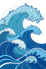 Dynamic ocean waves crashing with artistic flair, a stunning depiction of nature's power, great for travel, environmental or nautical themes originally a vector
