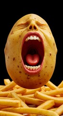 Surreal Potato with Facial Features Screaming Above Pile of French Fries