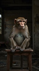 Thoughtful Brown Monkey Sitting on Wooden Stool in Dark Dilapidated Room