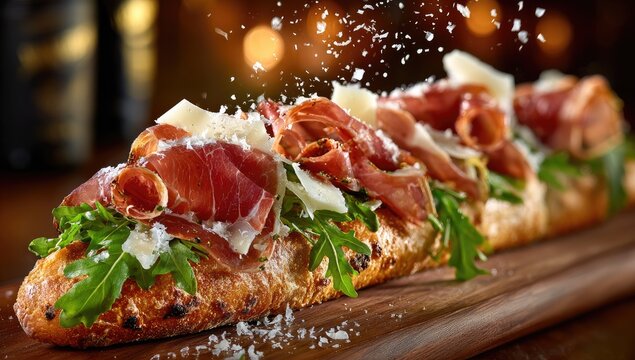 Prosciutto baguette with arugula and parmesan sprinkles - Powered by Adobe