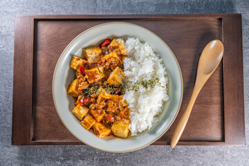 Mapo Tofu Rice Bowl (Mapo Doufu Fan), a popular and spicy Chinese dish from Sichuan province.