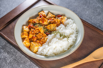 Mapo Tofu Rice Bowl (Mapo Doufu Fan), a popular and spicy Chinese dish from Sichuan province.