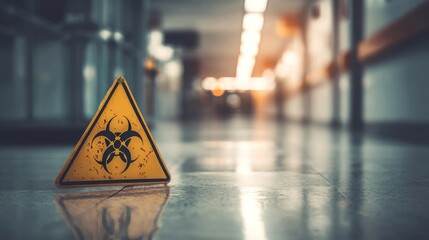 Biohazard warning sign in hospital hallway minimalist shot indoor environment focused perspective health and safety concept