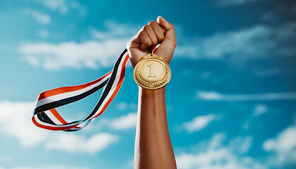 Victorious Hand Holding Gold Medal Against Blue Sky