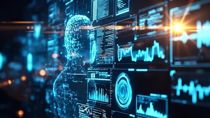 A digital silhouette of a man emerges from a network of glowing data, illustrating advanced technology and information processing. This scene highlights the seamless blend of human - Powered by Adobe