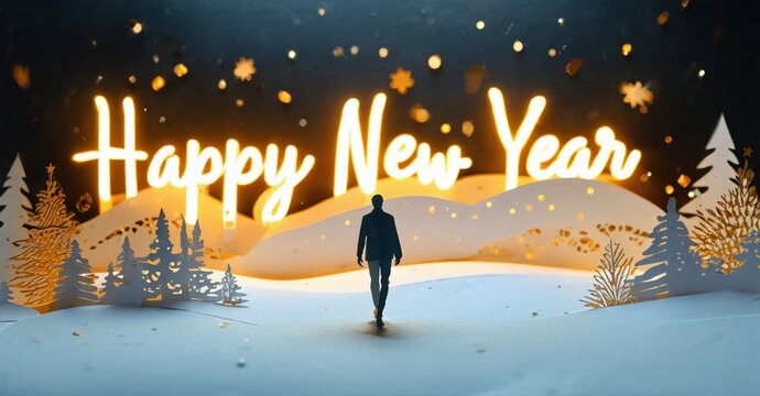 Silhouette walks toward bright Happy New Year text. Snowy landscape features paper trees, warm glow. Festive, hopeful scene.