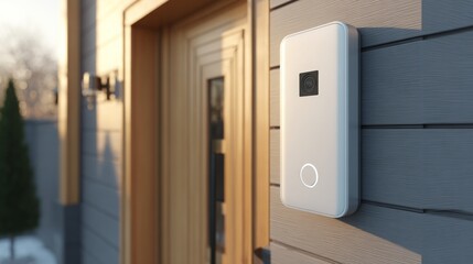 CCTV surveillance at entrance concept. Smart doorbell mounted on a wooden entryway, showcasing modern home security technology.