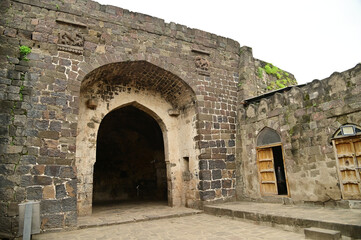 Daulatabad fort entrance in maharashtra india. Built with massive stone walls showcasing medieval military architecture and cultural heritage.It is now an  tourist attraction with historical building.