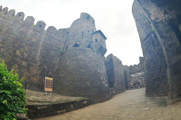 Daulatabad fort entrance in maharashtra india. Built with massive stone walls showcasing medieval military architecture and cultural heritage.It is now an  tourist attraction with historical building.