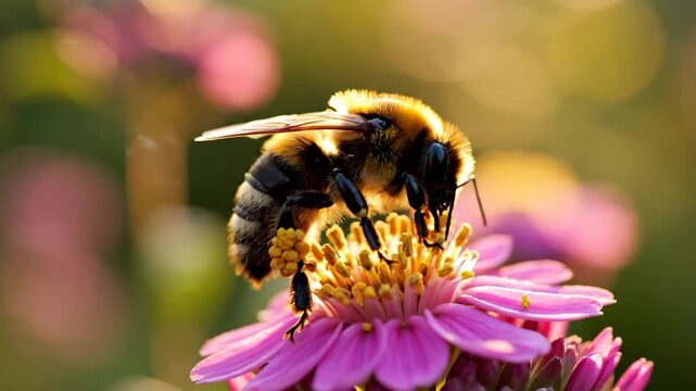 Bee on a Purple Flower in the Sunlight.
