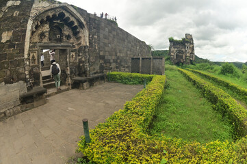 Daulatabad fort entrance in maharashtra india. Built with massive stone walls showcasing medieval military architecture and cultural heritage.It is now an  tourist attraction with historical building.