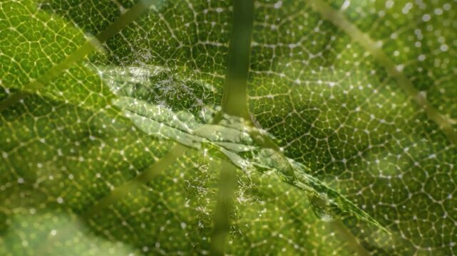 Close-up of a green leaf with veins and water droplets.