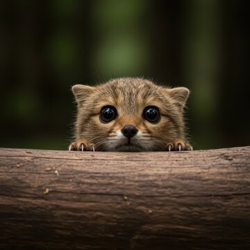 A cute, fluffy brown creature looks over a wooden log, its large eyes wide with natural curiosity and playful inquiry in the wilderness, wildlife, peeking, innocent