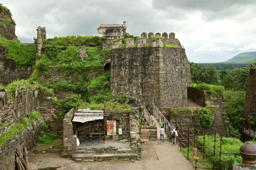 Daulatabad fort entrance in maharashtra india. Built with massive stone walls showcasing medieval military architecture and cultural heritage.It is now an  tourist attraction with historical building.