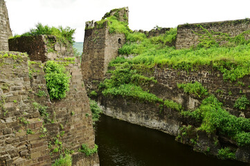 Daulatabad fort entrance in maharashtra india. Built with massive stone walls showcasing medieval military architecture and cultural heritage.It is now an  tourist attraction with historical building.