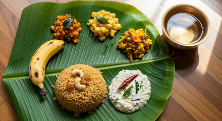 Traditional Pongal festival meal on a Banana leaf plate for culinary blog and cultural design