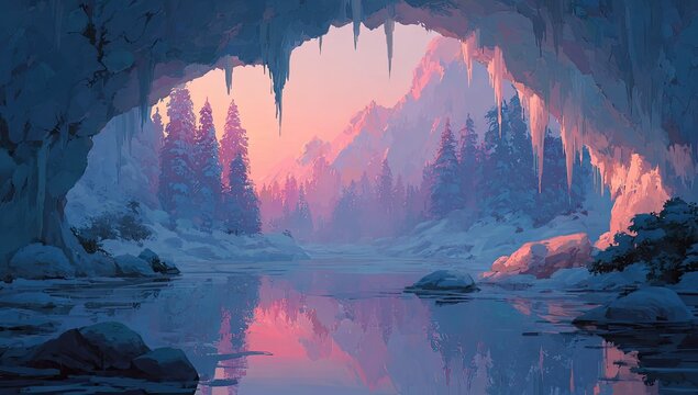 Icy cave entrance framing a pink winter mountain scene - Powered by Adobe