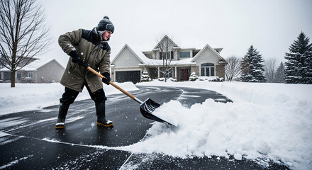 Man with a shovel clearing snow from a driveway for home maintenance service or winter safety article