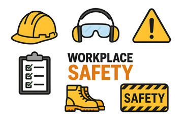 Fototapeta premium Workplace safety equipment and sign illustration for hazard prevention awareness.