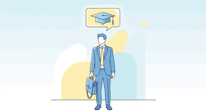 Businessman contemplating higher education and career advancement opportunities while holding a briefcase