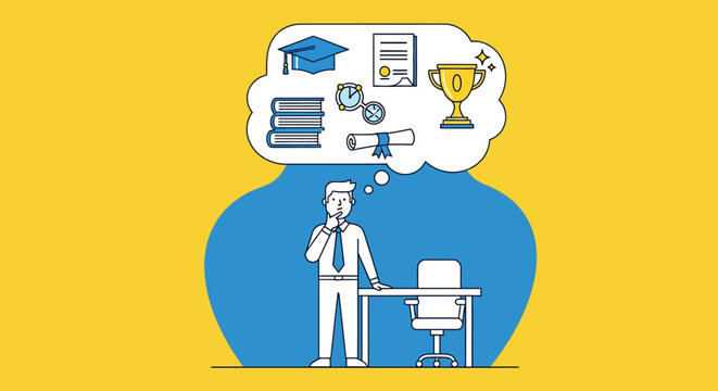 A student contemplates their future career aspirations and academic achievements, visualizing success with graduation cap, diploma, and trophies