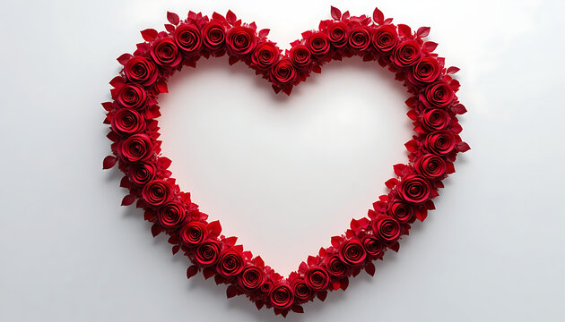 A beautiful heart frame made of red roses on a white background.