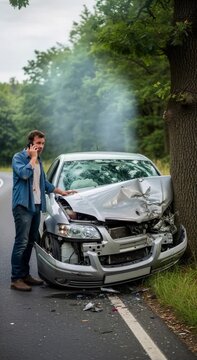Upset man standing by a crashed car smoking after hitting a tree on the side of the road in an illustration of a video