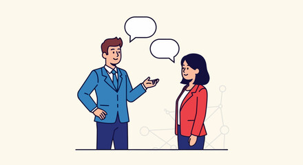 Business meeting illustration of two professionals in a discussion with speech bubbles above their heads, representing communication and collaboration in a corporate setting