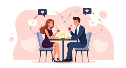 A Couple on a Date at a Restaurant Enjoying Drinks and Conversation with Heart Icons