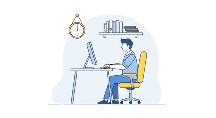 Man working at a computer on a desk with books in the background, illustrating a home office setup or remote work scenario