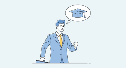 A businessman in a suit is contemplating pursuing higher education or a new career path represented by a graduation cap in his thought bubble
