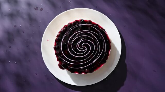 Decadent blueberry cheesecake with white icing swirled in a spiral on a white plate against a dark purple background with palm shadow