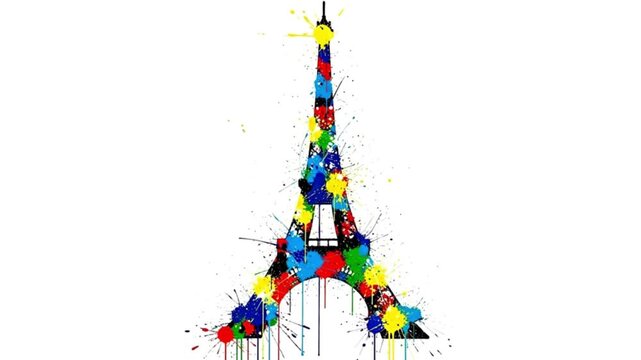 A vibrant, abstract depiction of the Eiffel Tower with colorful splatter.